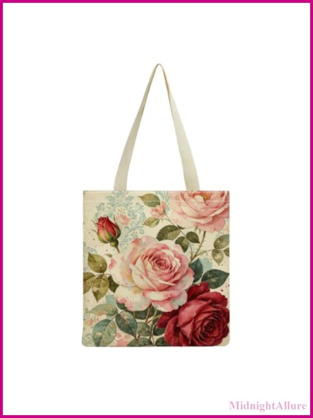 Vintage Rose Print Tote Bag Polyester Women Reusable Shopper